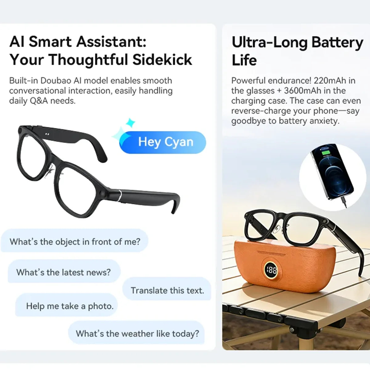 VWAR Smart Glasses with 3600mAh Charging Case 30MP Photography 4K 8MP HD Video Recording ChatGPT Translation Voice Sunglasses