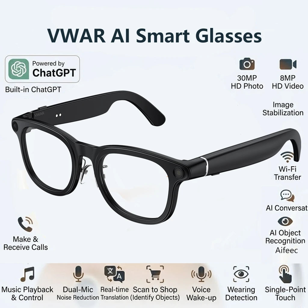 VWAR Smart Glasses with 3600mAh Charging Case 30MP Photography 4K 8MP HD Video Recording ChatGPT Translation Voice Sunglasses