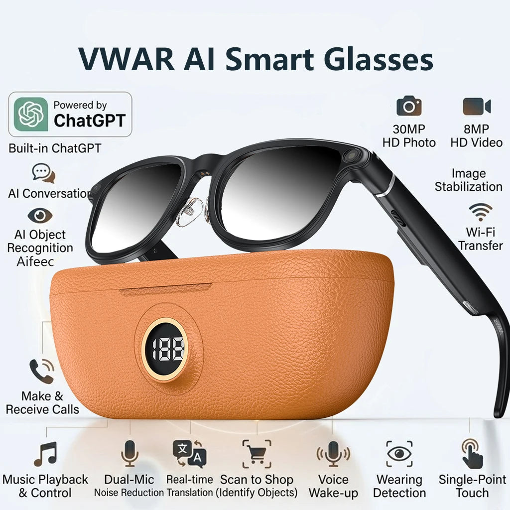 VWAR Smart Glasses with 3600mAh Charging Case 30MP Photography 4K 8MP HD Video Recording ChatGPT Translation Voice Sunglasses