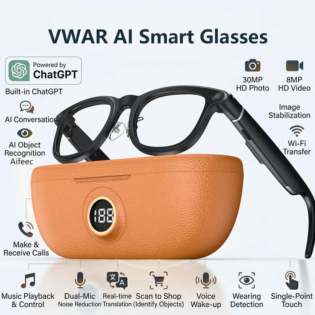 VWAR Smart Glasses with 3600mAh Charging Case 30MP Photography 4K 8MP HD Video Recording ChatGPT Translation Voice Sunglasses