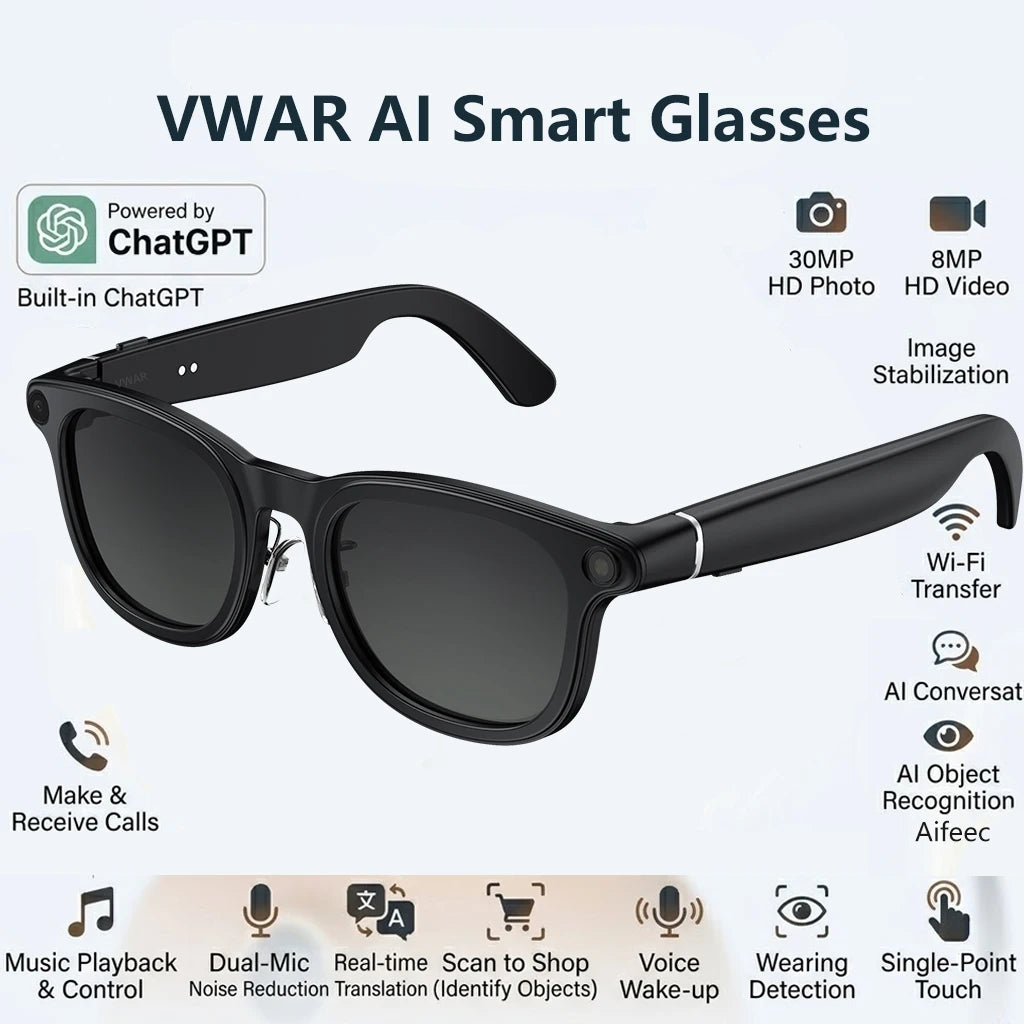 VWAR Smart Glasses with 3600mAh Charging Case 30MP Photography 4K 8MP HD Video Recording ChatGPT Translation Voice Sunglasses