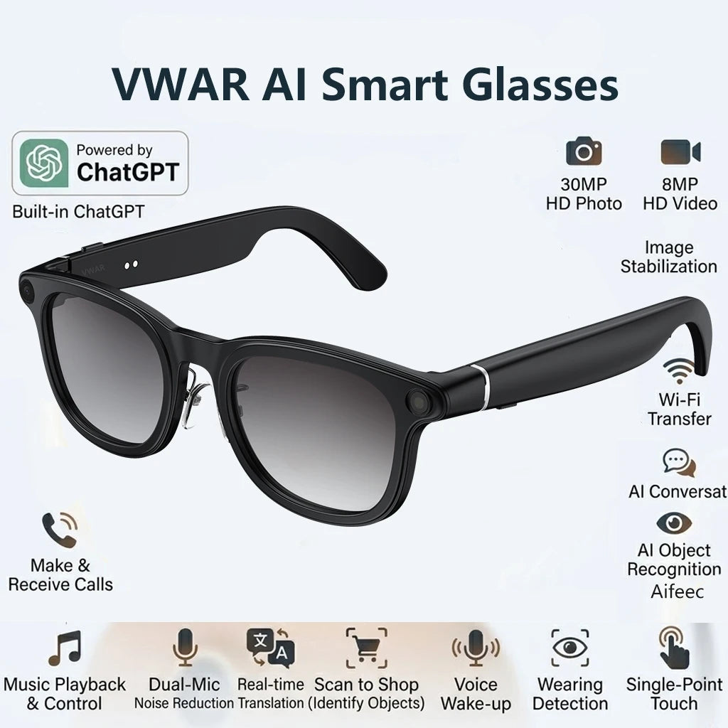 VWAR Smart Glasses with 3600mAh Charging Case 30MP Photography 4K 8MP HD Video Recording ChatGPT Translation Voice Sunglasses