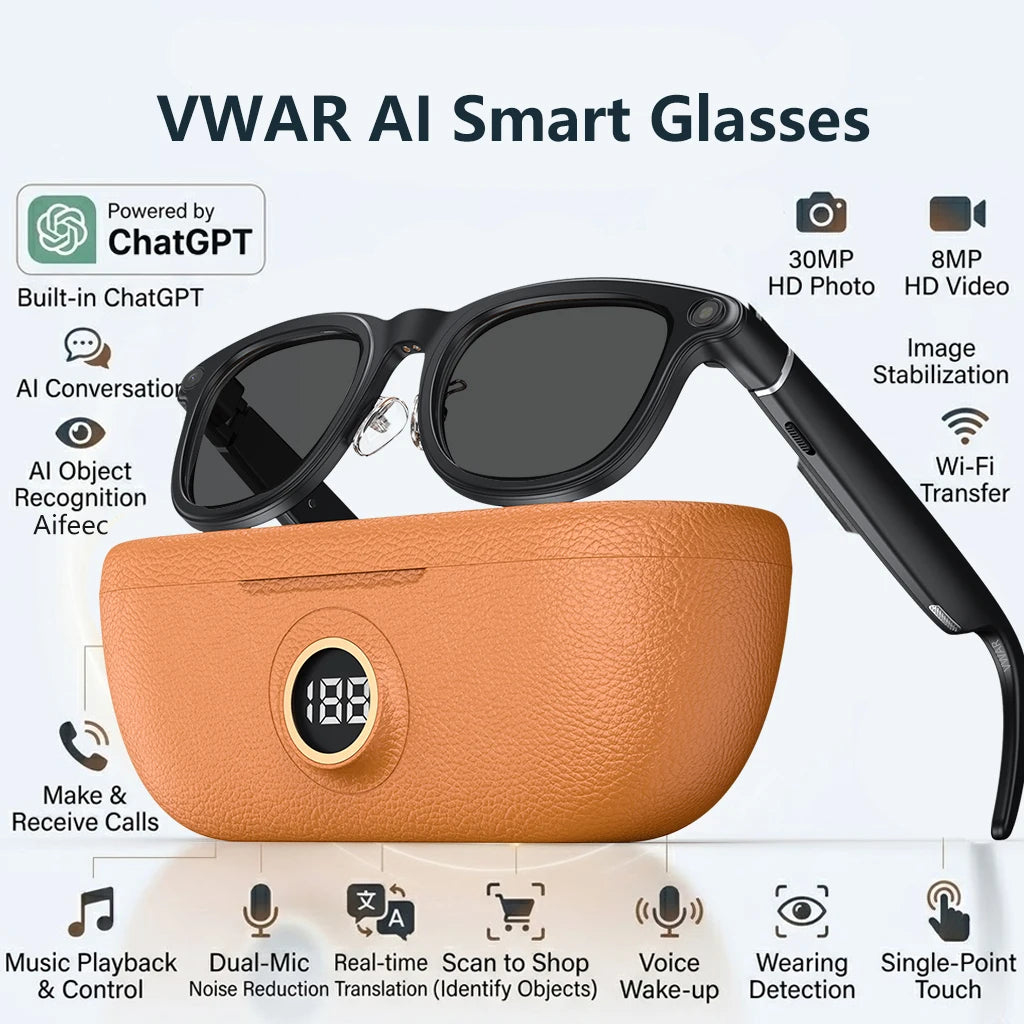 VWAR Smart Glasses with 3600mAh Charging Case 30MP Photography 4K 8MP HD Video Recording ChatGPT Translation Voice Sunglasses