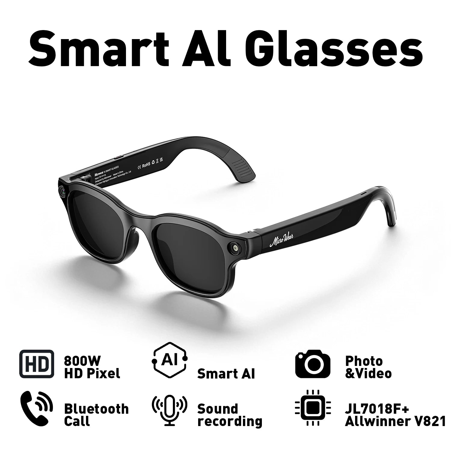 AI Smart Glasses 8 million pixel wide-angle photography, video recording, Bluetooth calling, music, AI intelligent Q&A, photogra