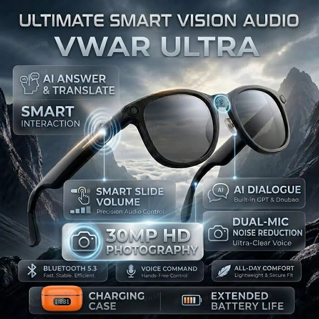 VWAR Smart Glasses with 3600mAh Charging Case 30MP Photography 4K 8MP HD Video Recording ChatGPT Translation Voice Sunglasses